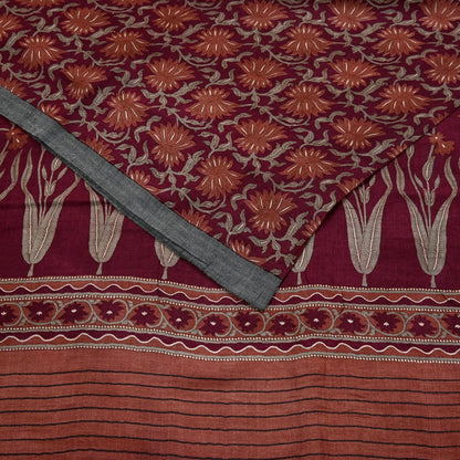 Vintage Maroon Brown Wool Saree Indian Pure Wool Floral Woven Fabric 5 Yard Soft Warm Craft Material for Winter Dressmaking & Sewing