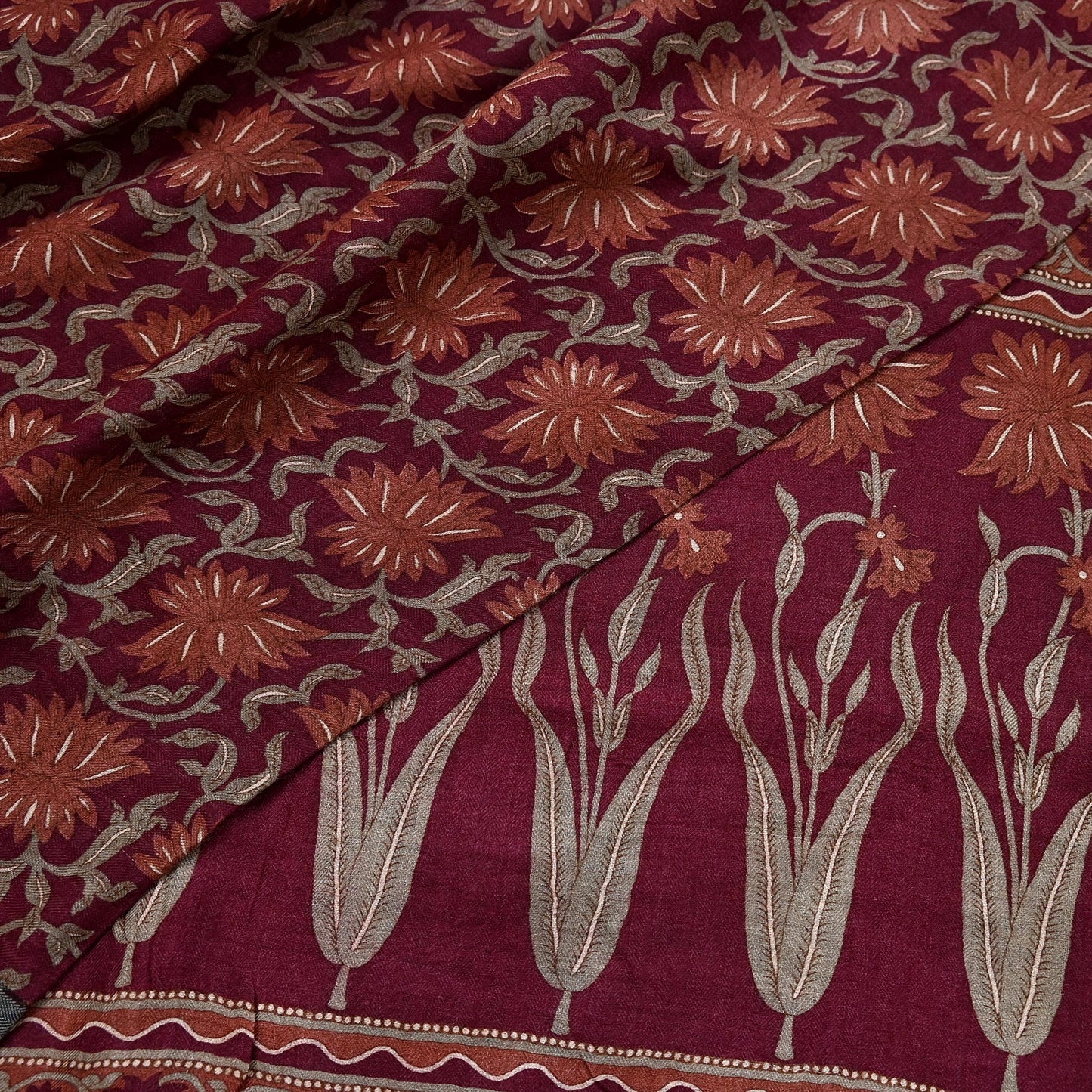 Vintage Maroon Brown Wool Saree Indian Pure Wool Floral Woven Fabric 5 Yard Soft Warm Craft Material for Winter Dressmaking & Sewing