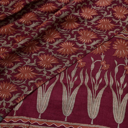 Vintage Maroon Brown Wool Saree Indian Pure Wool Floral Woven Fabric 5 Yard Soft Warm Craft Material for Winter Dressmaking & Sewing