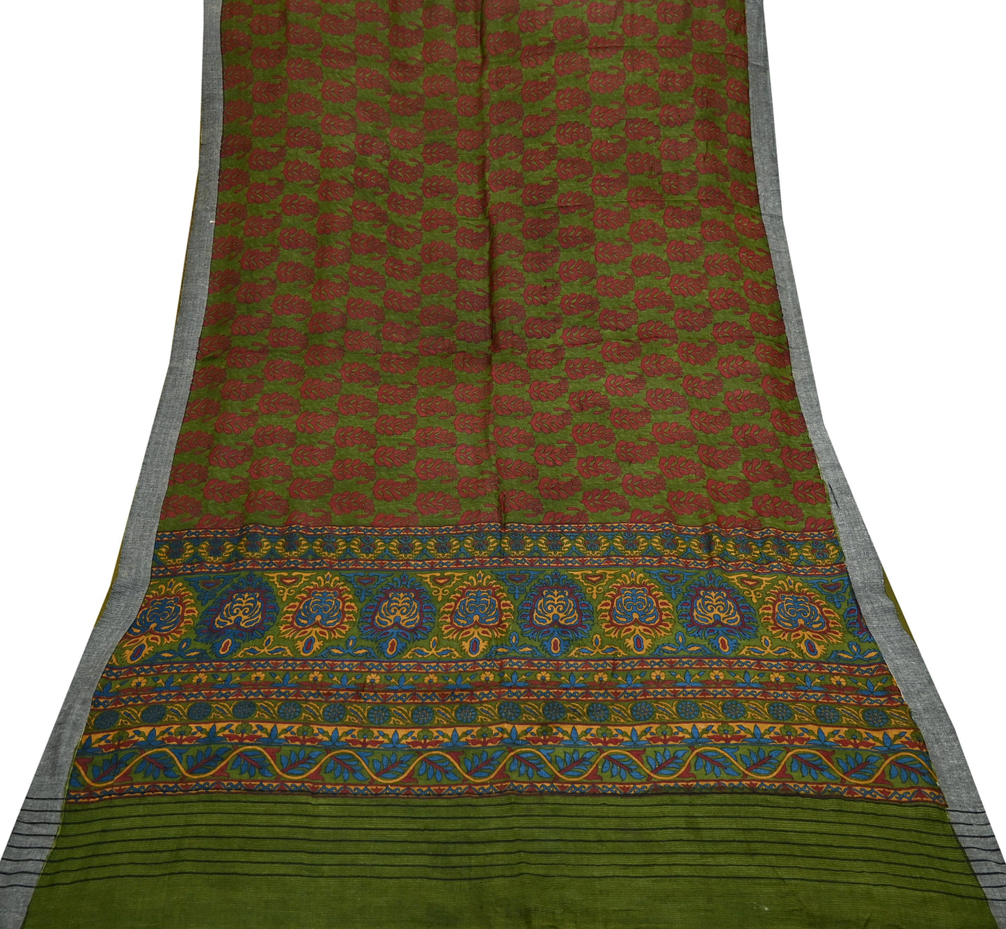 Vintage Green Wool Saree Indian Pure Wool Floral Woven Fabric 5 Yard Soft Warm Winter Textile for Dressmaking & Sewing Crafts