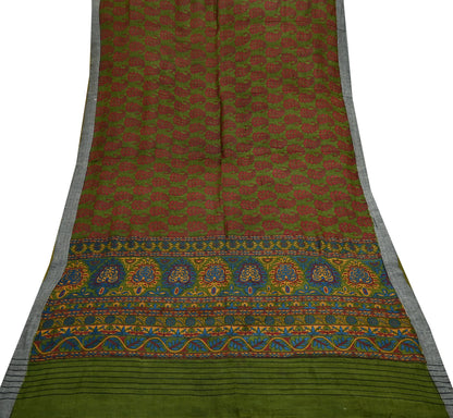 Vintage Green Wool Saree Indian Pure Wool Floral Woven Fabric 5 Yard Soft Warm Winter Textile for Dressmaking & Sewing Crafts