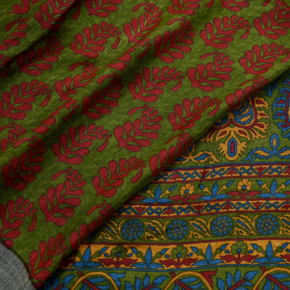 Vintage Green Wool Saree Indian Pure Wool Floral Woven Fabric 5 Yard Soft Warm Winter Textile for Dressmaking & Sewing Crafts