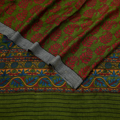 Vintage Green Wool Saree Indian Pure Wool Floral Woven Fabric 5 Yard Soft Warm Winter Textile for Dressmaking & Sewing Crafts