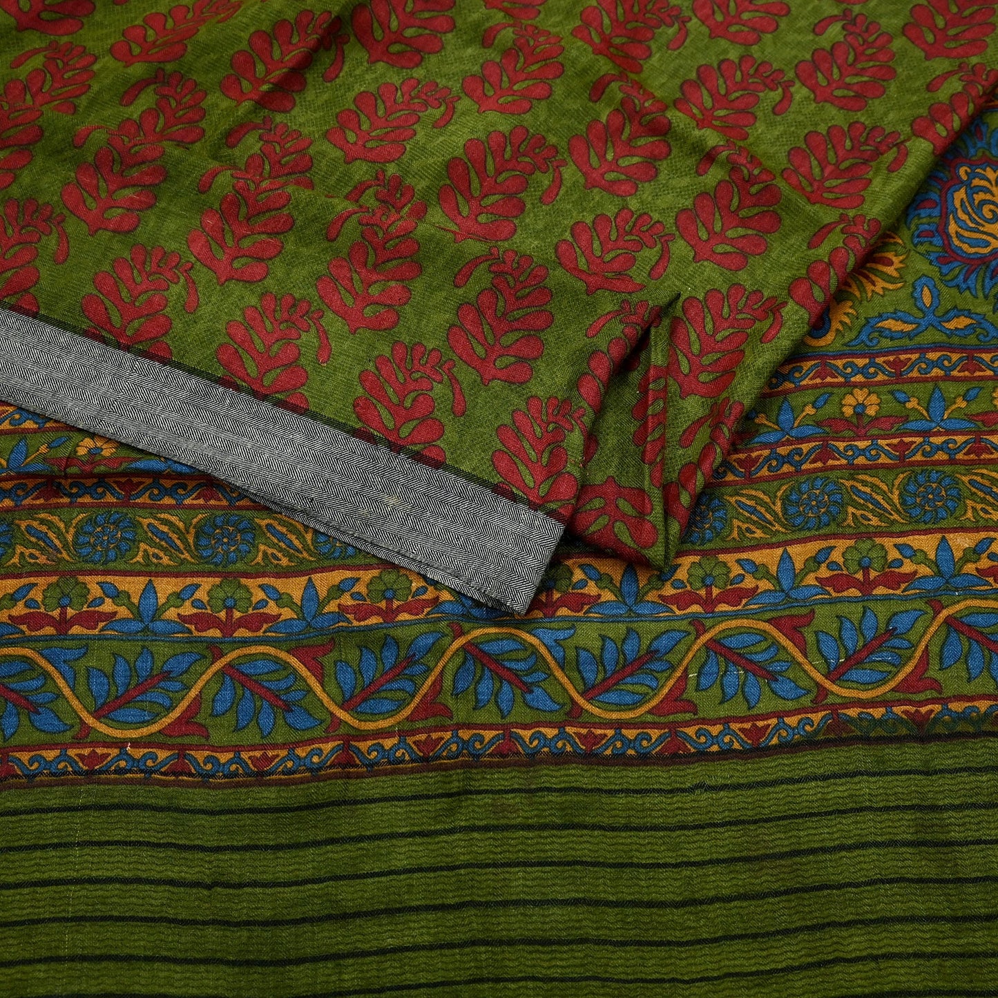Vintage Green Wool Saree Indian Pure Wool Floral Woven Fabric 5 Yard Soft Warm Winter Textile for Dressmaking & Sewing Crafts