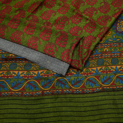 Vintage Green Wool Saree Indian Pure Wool Floral Woven Fabric 5 Yard Soft Warm Winter Textile for Dressmaking & Sewing Crafts