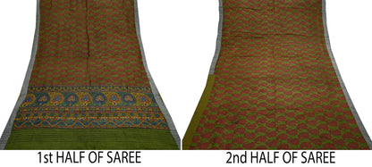 Vintage Green Wool Saree Indian Pure Wool Floral Woven Fabric 5 Yard Soft Warm Winter Textile for Dressmaking & Sewing Crafts