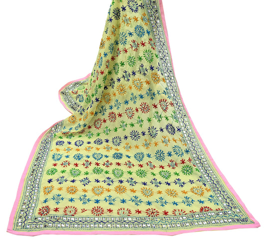 Indian Vintage Dupatta Yellow Long Stole Blend Georgette Hand Embroidered Phulkari Stole Scarves Party wear