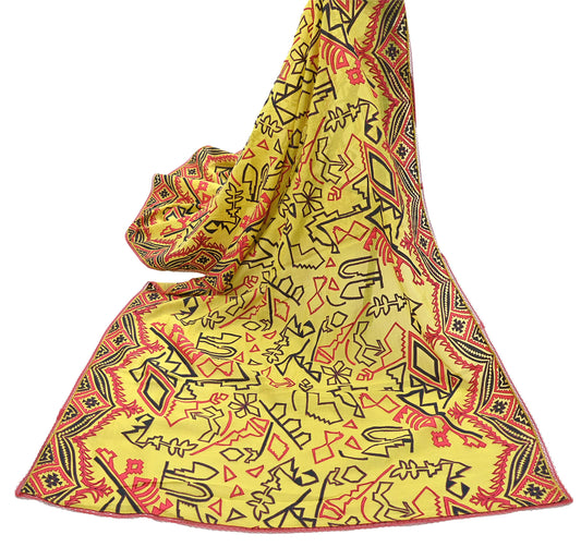 Indian Vintage Dupatta Yellow Long Stole Pure Chanderi silk Hand Embroidered Scarves Veil Scarf Wrap Floral Design