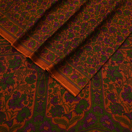 Indian Vintage Sari Orange Pure Cotton Printed Sarees Craft Fabric Soft 5Yd Sarong Wrap Boho Fabric Kimono Quilting Crafting Upcycle