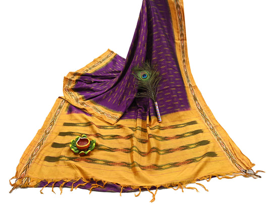 Indian Vintage Saffron & Purple Pochampally Silk Saree Pure Silk Hand Woven Ikat Patola Sari Fabric 5Yard Craft Ethnic Zari Border