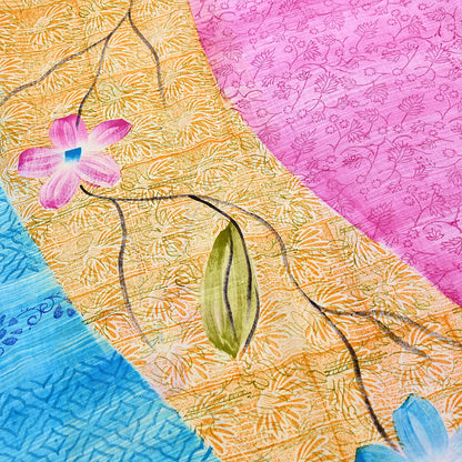 Indian Vintage PInk & Blue Pure Crepe Silk Saree Floral Print 5 Yards Soft Sewing Fabric for Dressmaking, Quilting, Crafting Upcycling