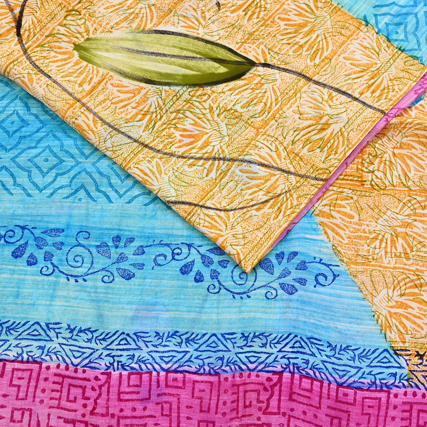Indian Vintage PInk & Blue Pure Crepe Silk Saree Floral Print 5 Yards Soft Sewing Fabric for Dressmaking, Quilting, Crafting Upcycling