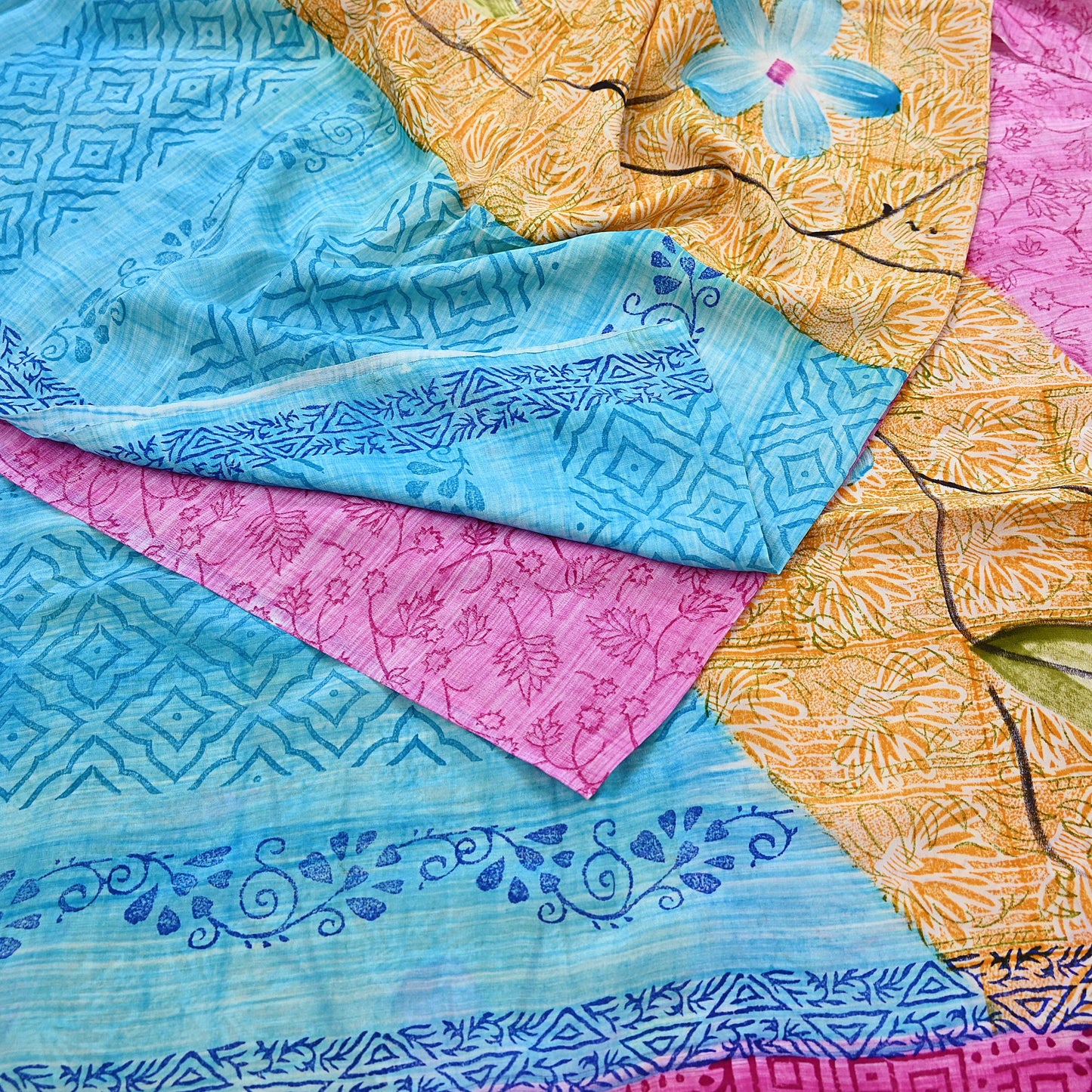 Indian Vintage PInk & Blue Pure Crepe Silk Saree Floral Print 5 Yards Soft Sewing Fabric for Dressmaking, Quilting, Crafting Upcycling