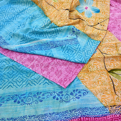 Indian Vintage PInk & Blue Pure Crepe Silk Saree Floral Print 5 Yards Soft Sewing Fabric for Dressmaking, Quilting, Crafting Upcycling
