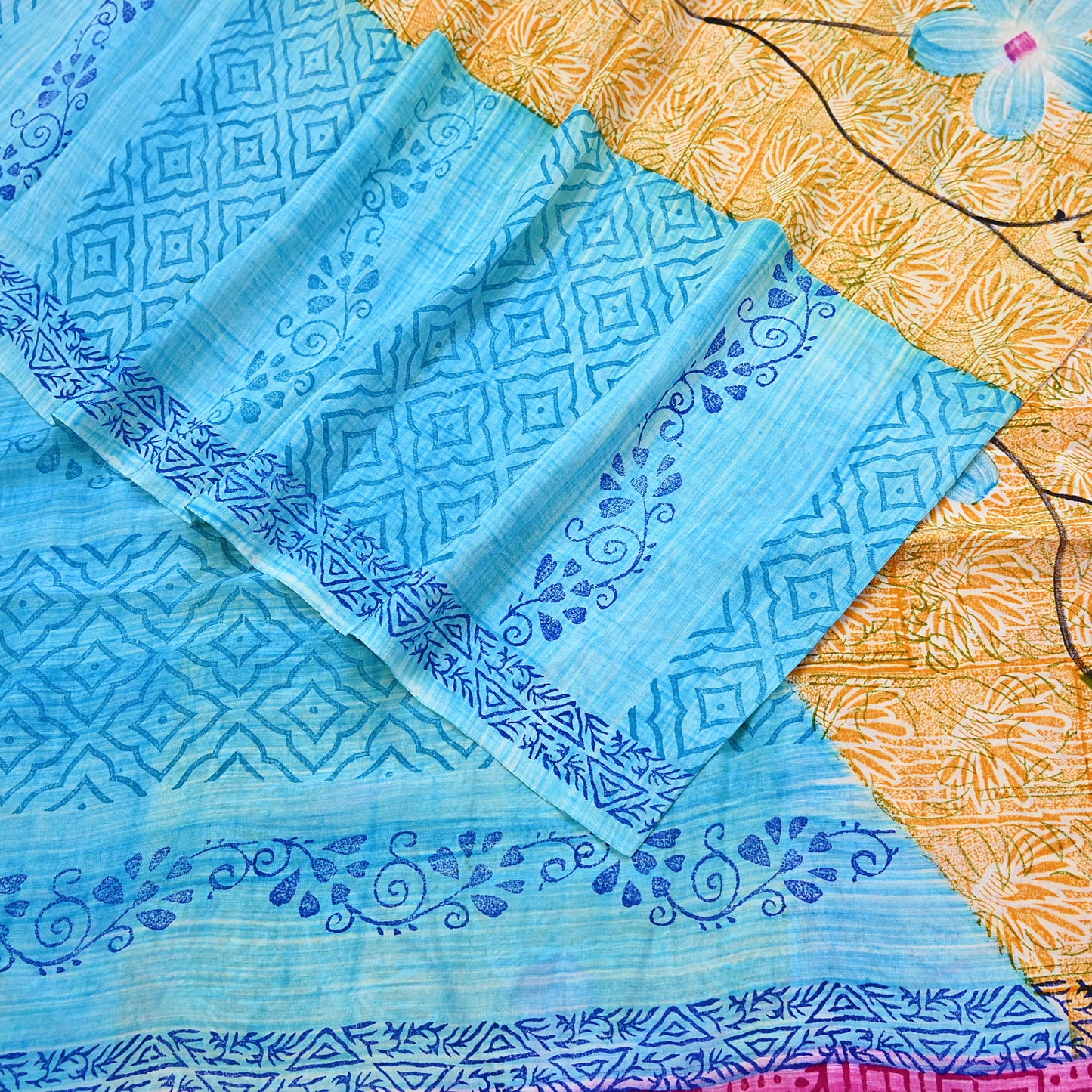 Indian Vintage PInk & Blue Pure Crepe Silk Saree Floral Print 5 Yards Soft Sewing Fabric for Dressmaking, Quilting, Crafting Upcycling