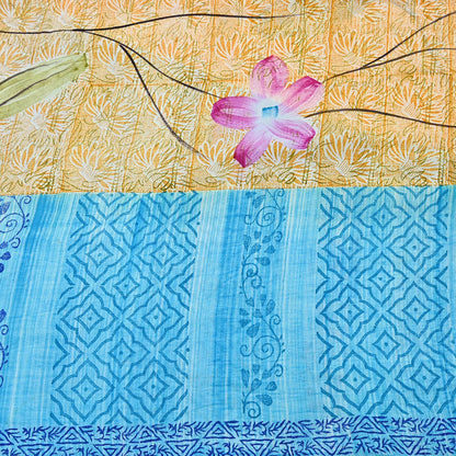 Indian Vintage PInk & Blue Pure Crepe Silk Saree Floral Print 5 Yards Soft Sewing Fabric for Dressmaking, Quilting, Crafting Upcycling