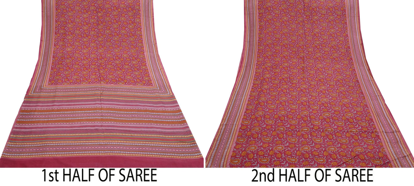 Indian Vintage Pink Pure Silk Printed Saree 5 Yards Soft Floral Fabric for Dressmaking, Quilting, Crafting, Sewing & Upcycling