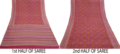 Indian Vintage Pink Pure Silk Printed Saree 5 Yards Soft Floral Fabric for Dressmaking, Quilting, Crafting, Sewing & Upcycling