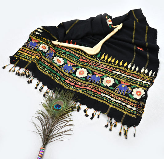 Indian Vintage Black Woolen Shawl Handmade Kutch work Long Throw Stole Warm Floral Design Upcycle Crafting Used For her Soft Cozy