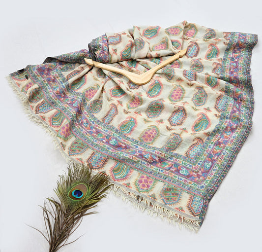 Indian Vintage Ivory Pure Woolen Shawl Handmade Woven Jamawar Work Long Throw Stole Warm Paisley Design Soft