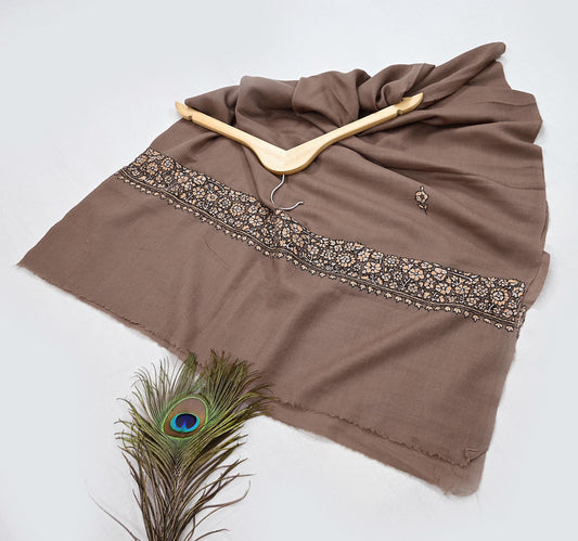 Indian Vintage Brown Shawl Pure Woolen Handmade Suzani Long Throw Stole Warm Floral Design Soft Cozy