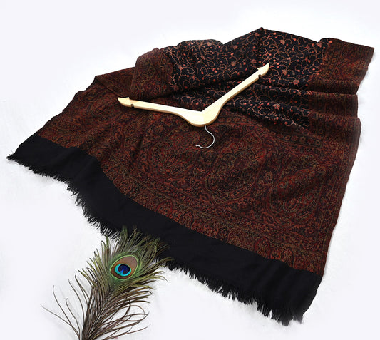 Indian Vintage Black Shawl Pure Woolen Handmade Suzani Long Throw Stole Warm Floral Design Soft Cozy