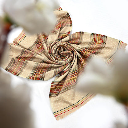 Vintage Ivory Woolen Handmade Woven Long Throw Stole Warm Geometric Design Fringes