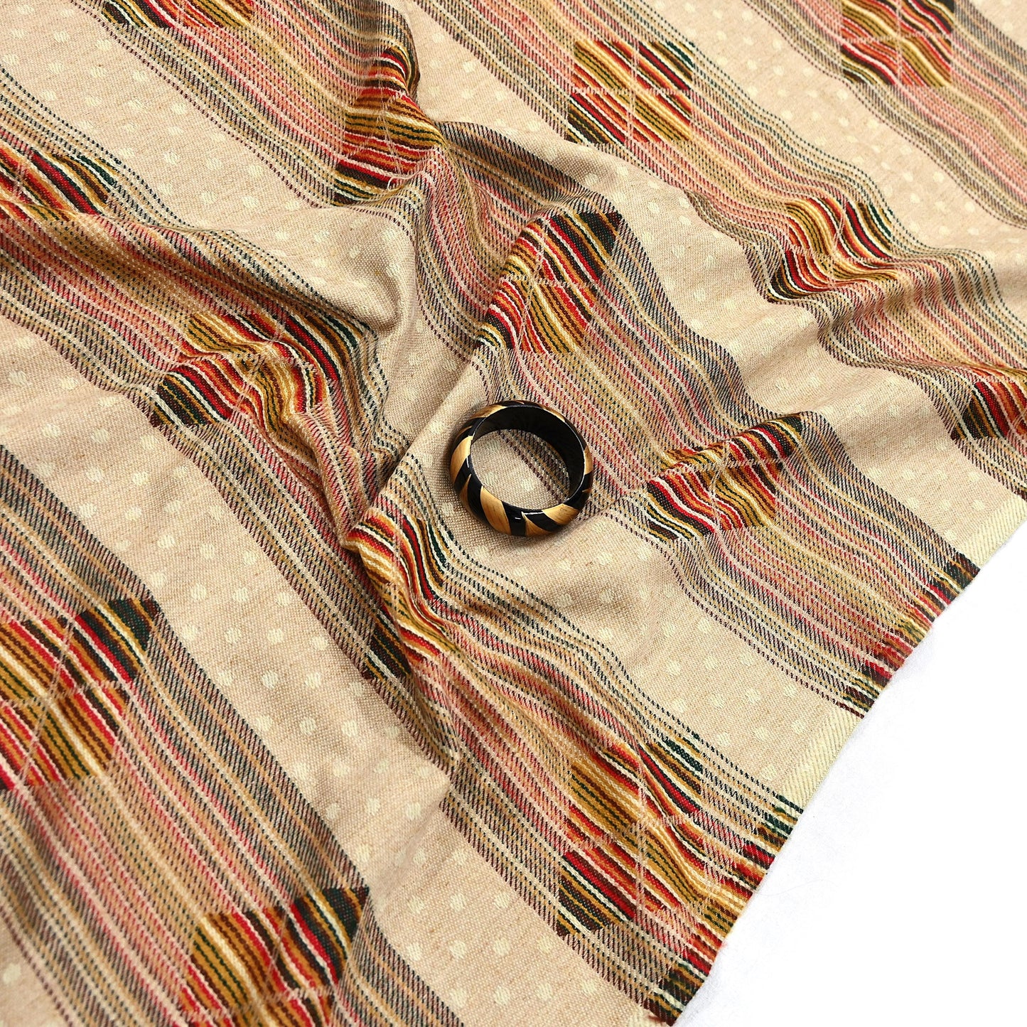 Vintage Ivory Woolen Handmade Woven Long Throw Stole Warm Geometric Design Fringes