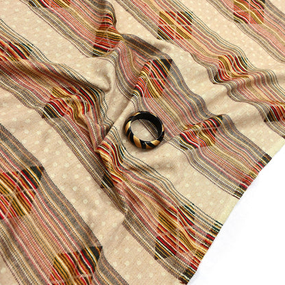 Vintage Ivory Woolen Handmade Woven Long Throw Stole Warm Geometric Design Fringes