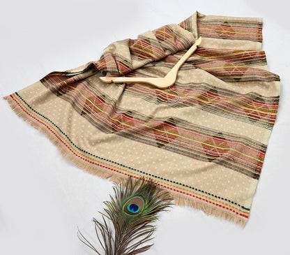 Vintage Ivory Woolen Handmade Woven Long Throw Stole Warm Geometric Design Fringes