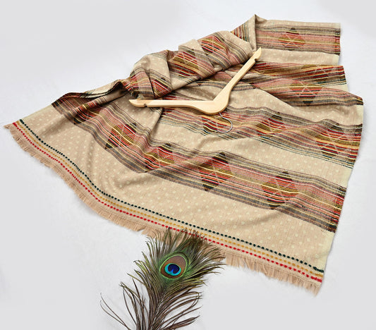 Vintage Ivory Woolen Handmade Woven Long Throw Stole Warm Geometric Design Fringes