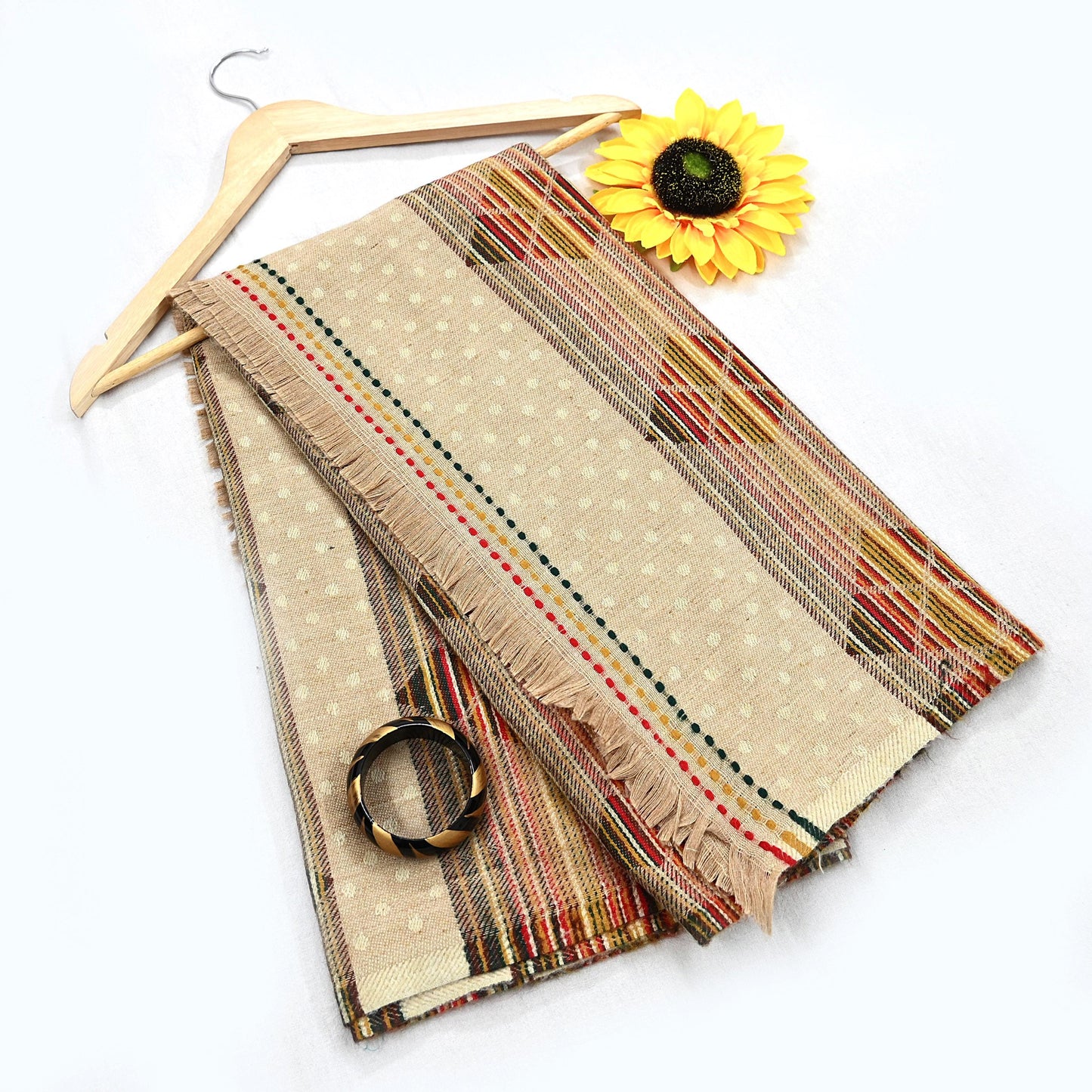 Vintage Ivory Woolen Handmade Woven Long Throw Stole Warm Geometric Design Fringes