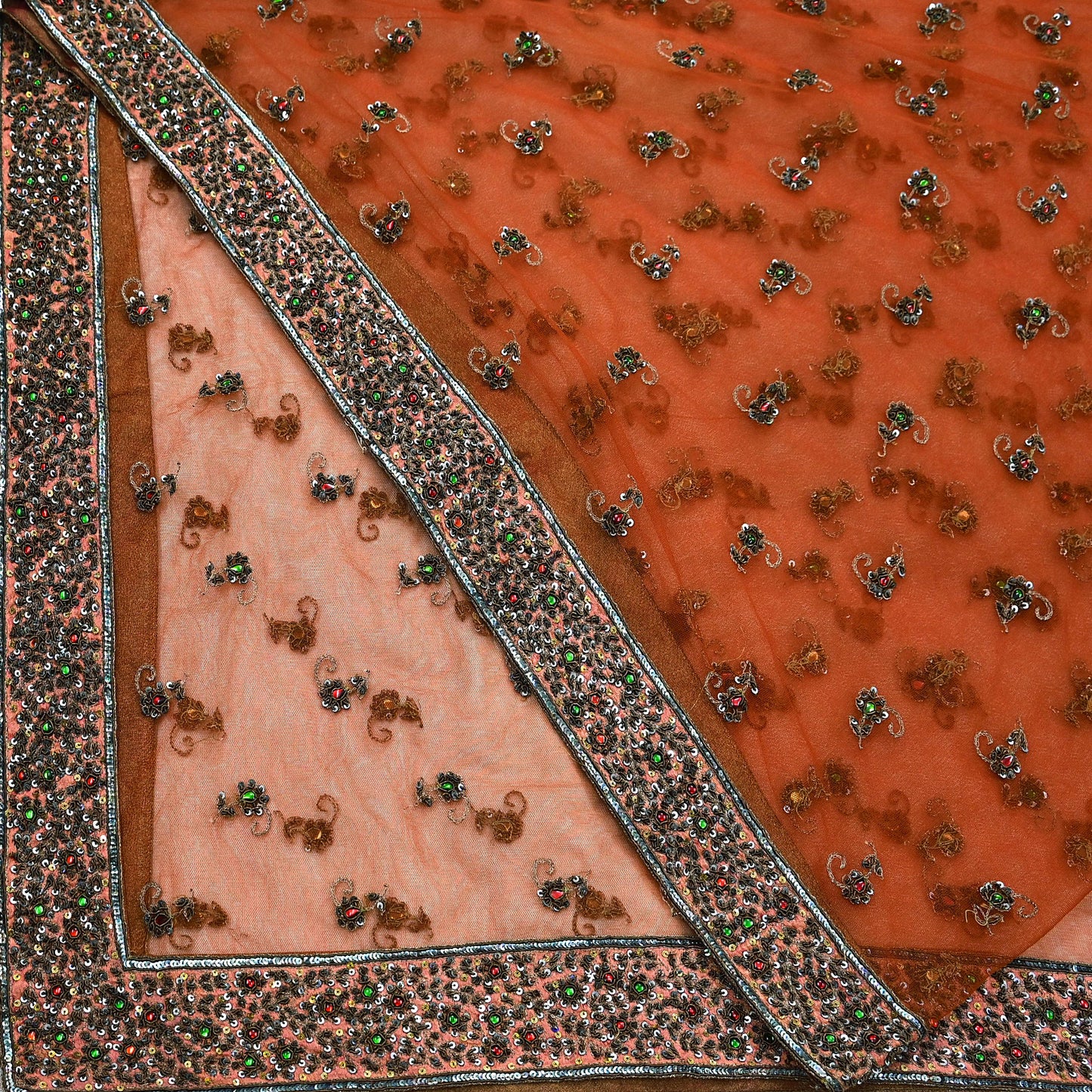 Indian Vintage Heavy Orange Dupatta Net Mesh Long Stole Hand Embroidered Scarves Golden Zardozi Dabka Zari Stole Bridal/ Wedding veil