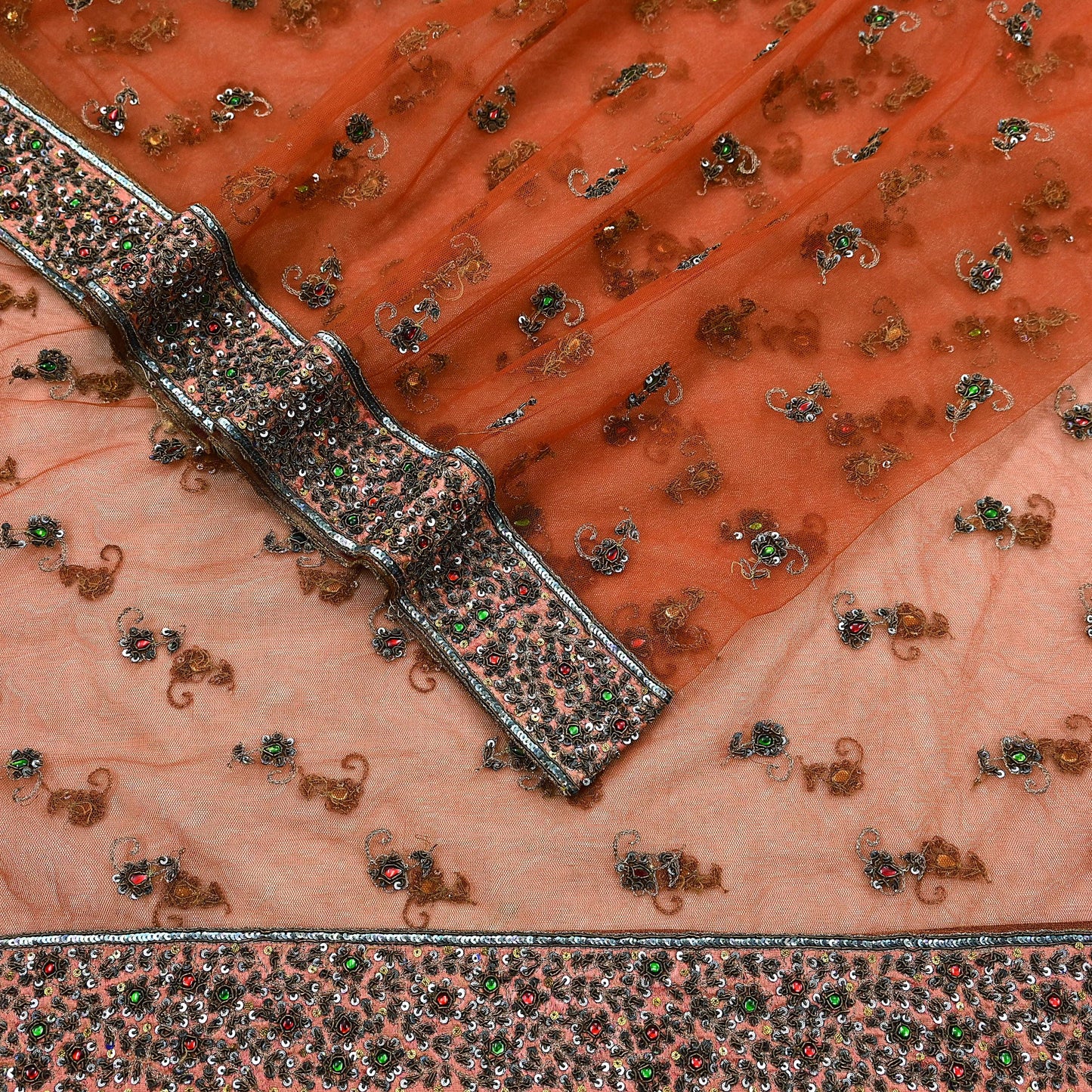 Indian Vintage Heavy Orange Dupatta Net Mesh Long Stole Hand Embroidered Scarves Golden Zardozi Dabka Zari Stole Bridal/ Wedding veil