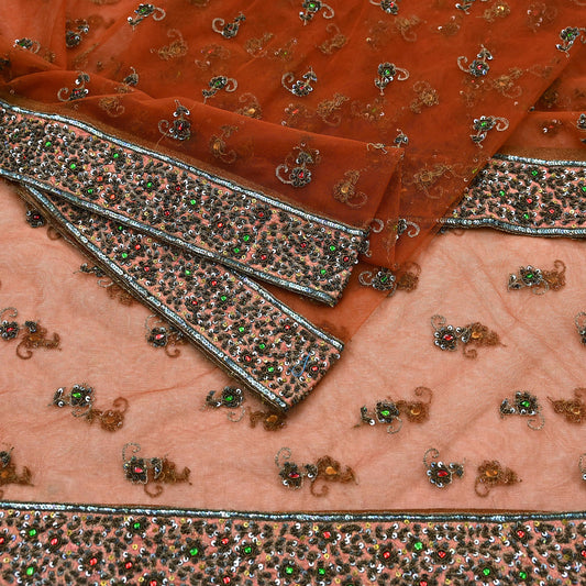 Indian Vintage Heavy Orange Dupatta Net Mesh Long Stole Hand Embroidered Scarves Golden Zardozi Dabka Zari Stole Bridal/ Wedding veil