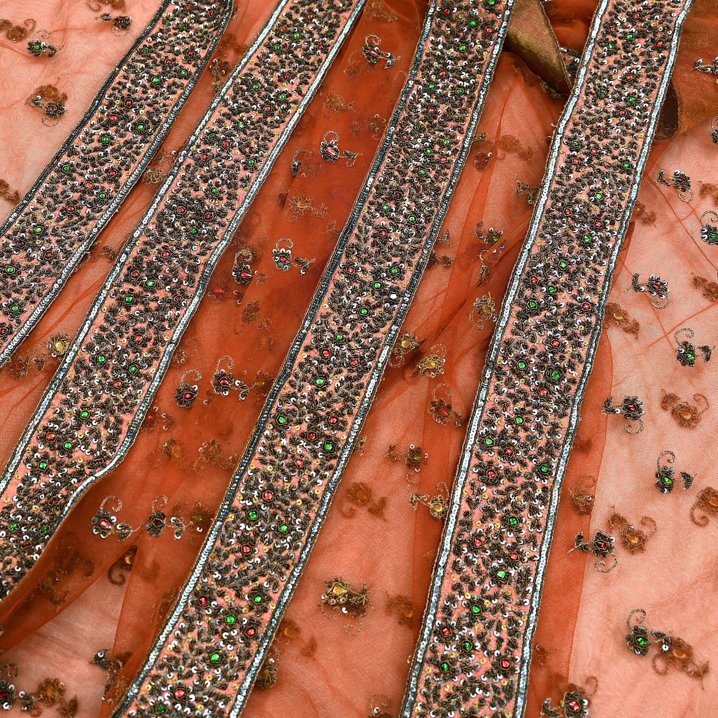 Indian Vintage Heavy Orange Dupatta Net Mesh Long Stole Hand Embroidered Scarves Golden Zardozi Dabka Zari Stole Bridal/ Wedding veil