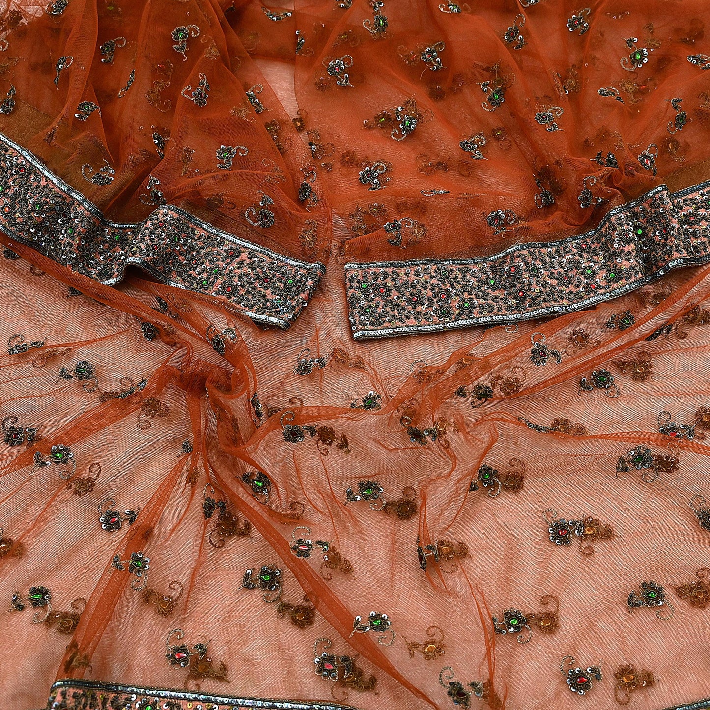 Indian Vintage Heavy Orange Dupatta Net Mesh Long Stole Hand Embroidered Scarves Golden Zardozi Dabka Zari Stole Bridal/ Wedding veil
