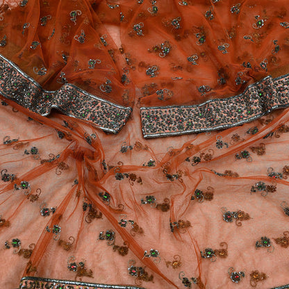 Indian Vintage Heavy Orange Dupatta Net Mesh Long Stole Hand Embroidered Scarves Golden Zardozi Dabka Zari Stole Bridal/ Wedding veil