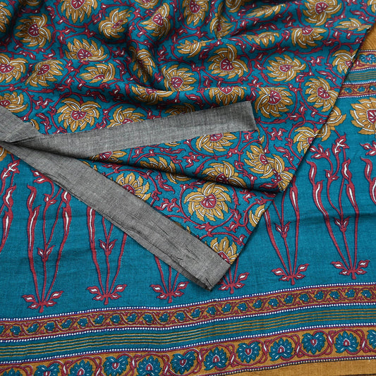 Vintage Green Wool Saree Indian Pure Wool Floral Woven Fabric 5 Yard Soft Warm Winter Textile for Dressmaking & Sewing Crafts