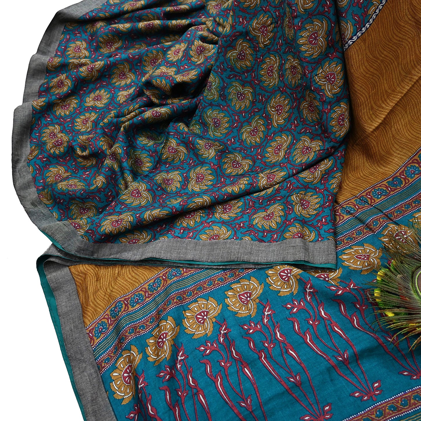 Vintage Green Wool Saree Indian Pure Wool Floral Woven Fabric 5 Yard Soft Warm Winter Textile for Dressmaking & Sewing Crafts