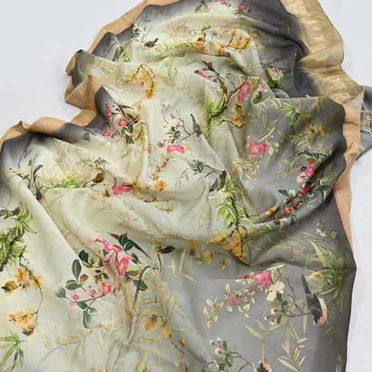 Women Indian Vintage gray ivory Dupatta Long Stole Pure silk Digital Printed Dupatta Veil Scarves soft Boho Wrap Dressmaking Zari Border