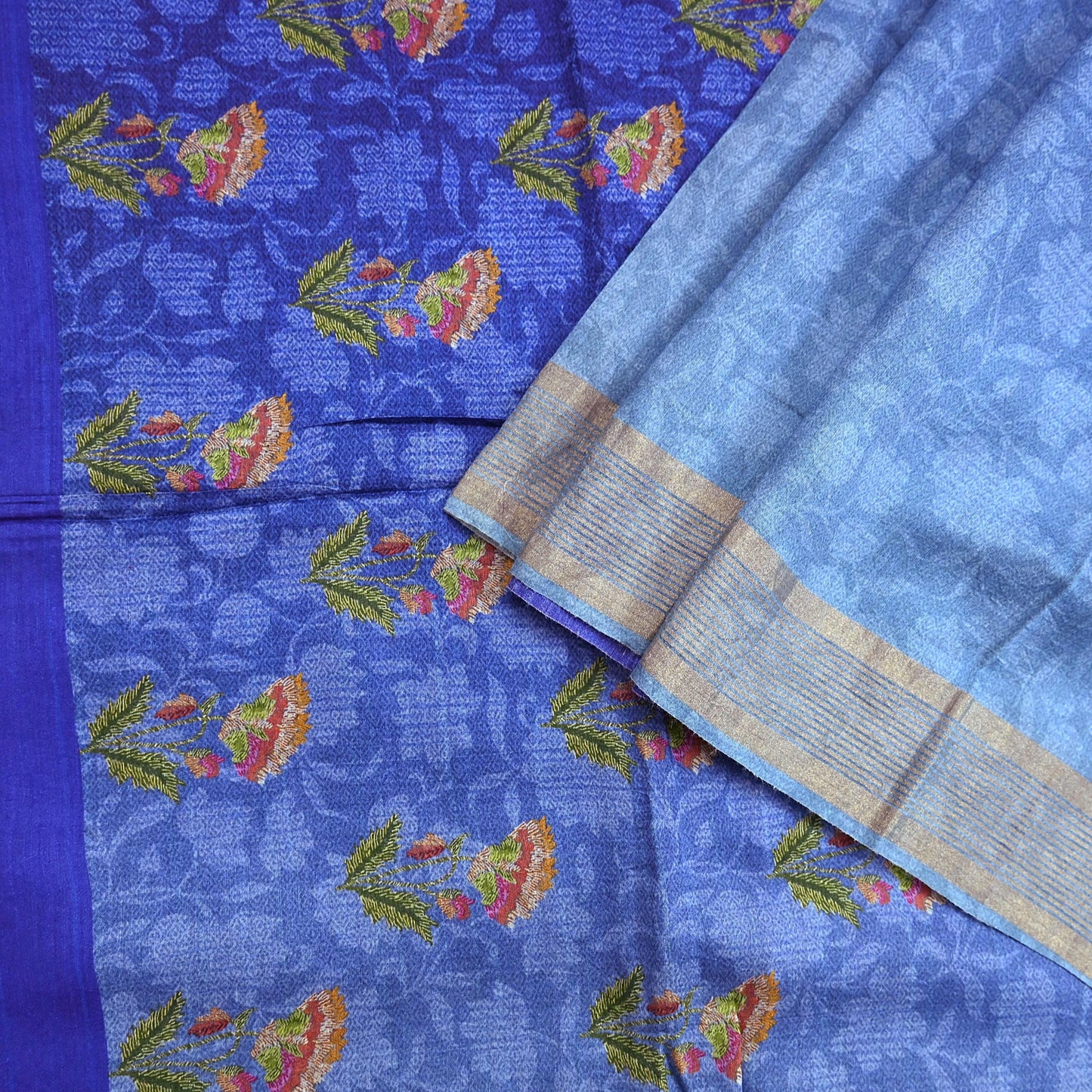 Indian Vintage Sari Blue & Purple Blend Silk Woven Digital Printed Saree Craft Fabric 5yd Soft Dress Designing Crafting Quilting Zari Border