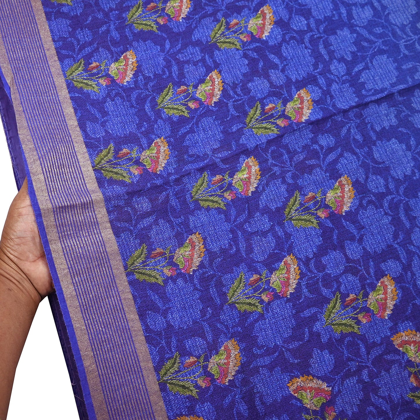 Indian Vintage Sari Blue & Purple Blend Silk Woven Digital Printed Saree Craft Fabric 5yd Soft Dress Designing Crafting Quilting Zari Border
