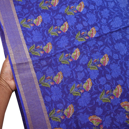 Indian Vintage Sari Blue & Purple Blend Silk Woven Digital Printed Saree Craft Fabric 5yd Soft Dress Designing Crafting Quilting Zari Border