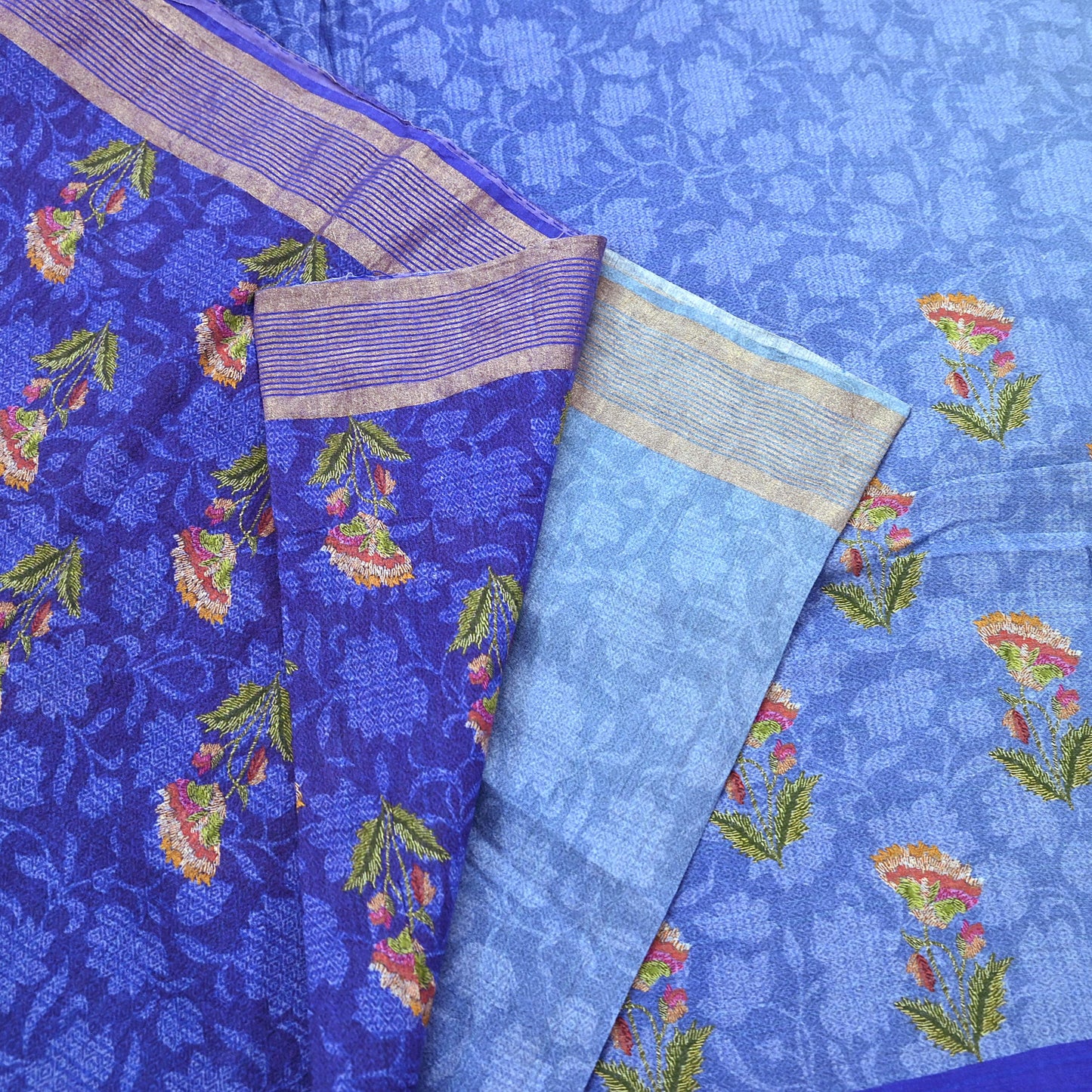 Indian Vintage Sari Blue & Purple Blend Silk Woven Digital Printed Saree Craft Fabric 5yd Soft Dress Designing Crafting Quilting Zari Border