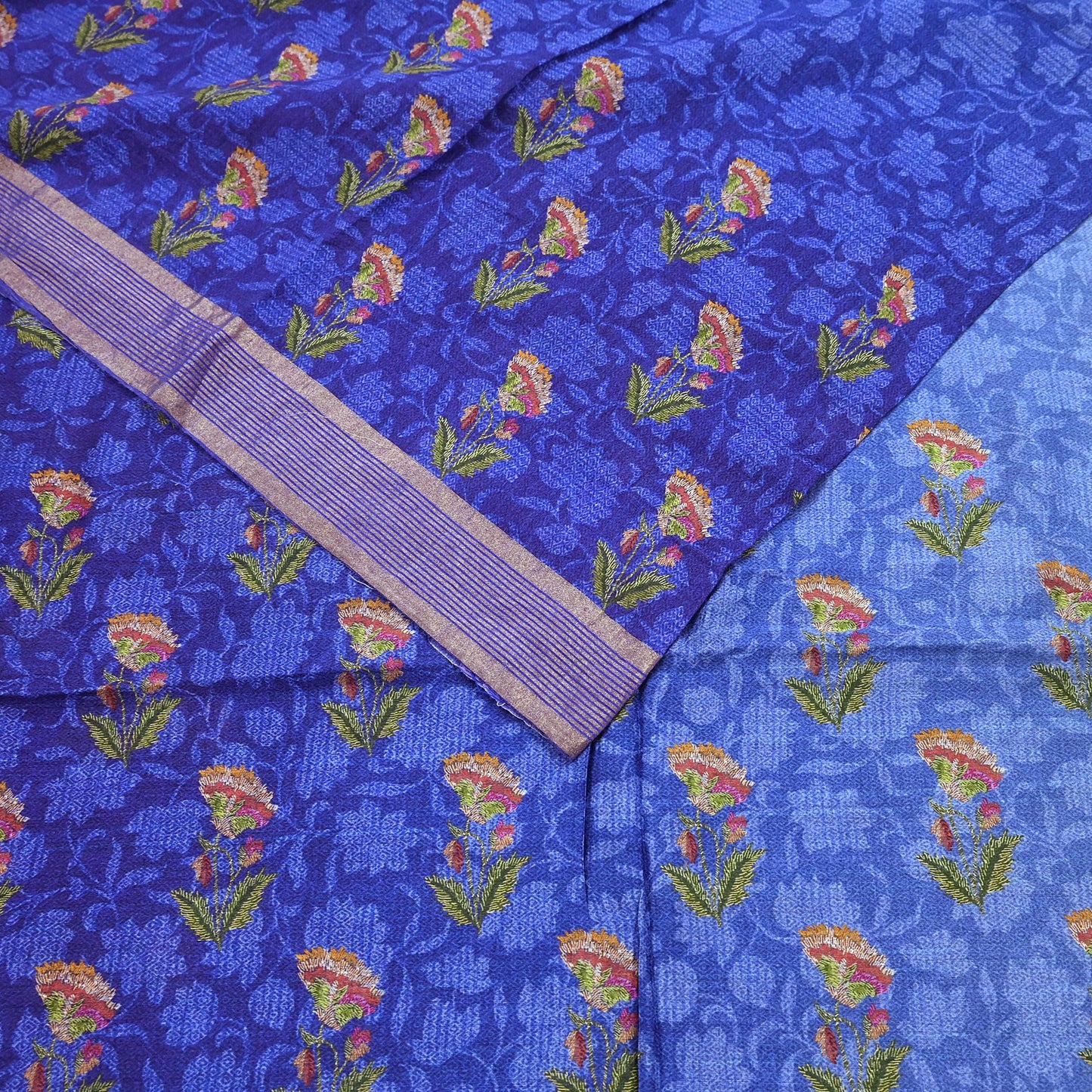 Indian Vintage Sari Blue & Purple Blend Silk Woven Digital Printed Saree Craft Fabric 5yd Soft Dress Designing Crafting Quilting Zari Border