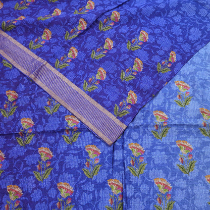 Indian Vintage Sari Blue & Purple Blend Silk Woven Digital Printed Saree Craft Fabric 5yd Soft Dress Designing Crafting Quilting Zari Border