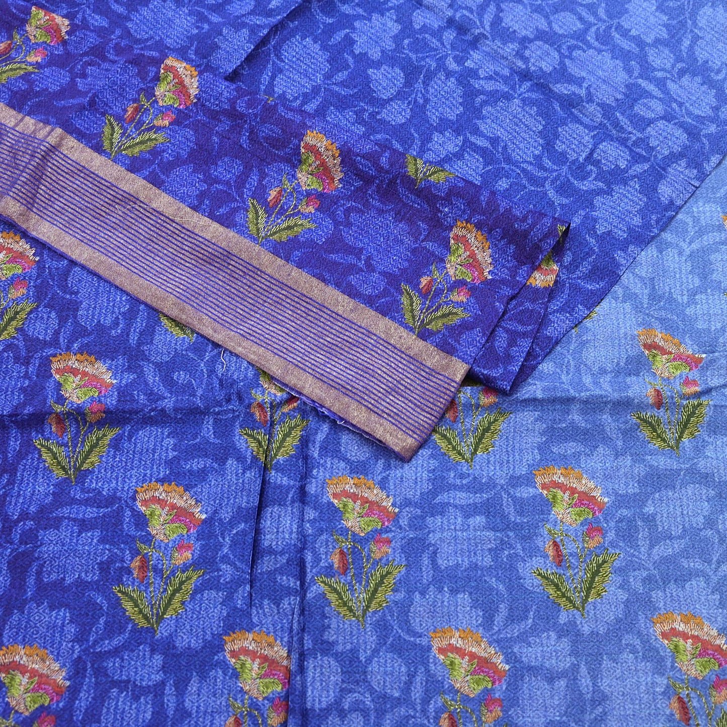 Indian Vintage Sari Blue & Purple Blend Silk Woven Digital Printed Saree Craft Fabric 5yd Soft Dress Designing Crafting Quilting Zari Border