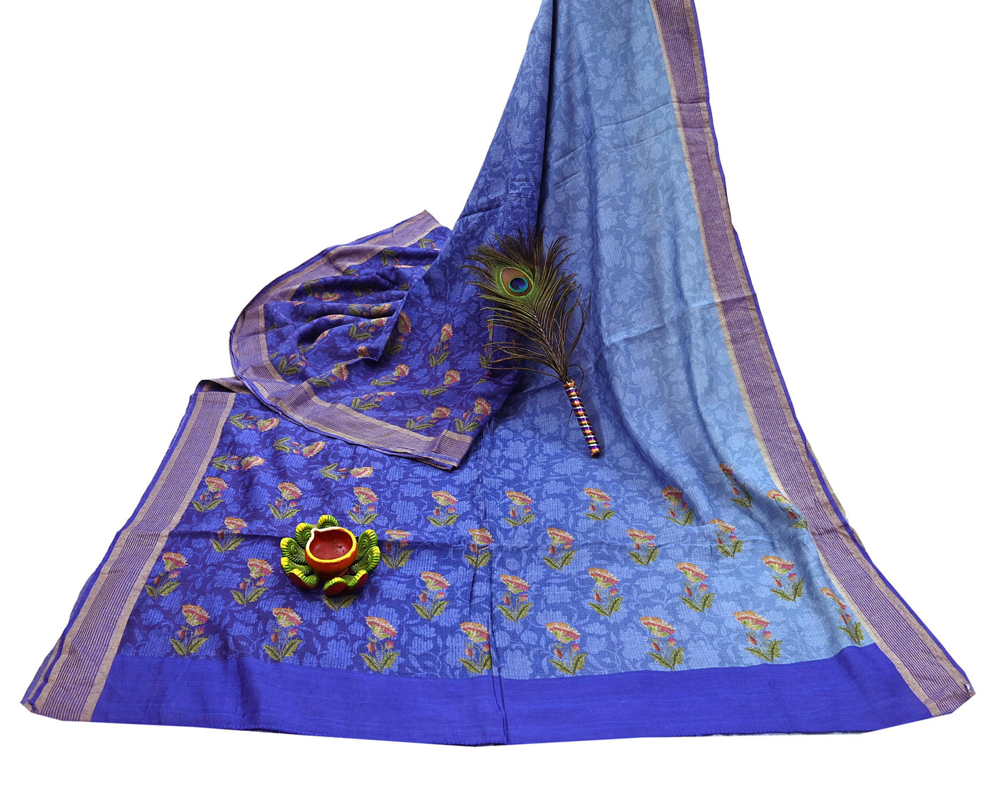 Indian Vintage Sari Blue & Purple Blend Silk Woven Digital Printed Saree Craft Fabric 5yd Soft Dress Designing Crafting Quilting Zari Border