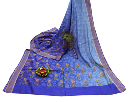 Indian Vintage Sari Blue & Purple Blend Silk Woven Digital Printed Saree Craft Fabric 5yd Soft Dress Designing Crafting Quilting Zari Border